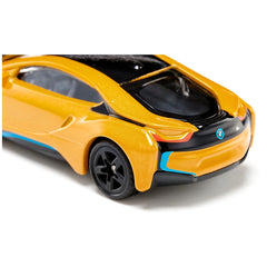 Siku BMW I8 toy car features a bright yellow body, black wheels, and a glossy finish with a blue detail on the side.