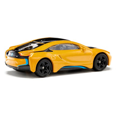 Siku BMW I8 model car in yellow with black accents, showcasing a sleek design against a plain background.