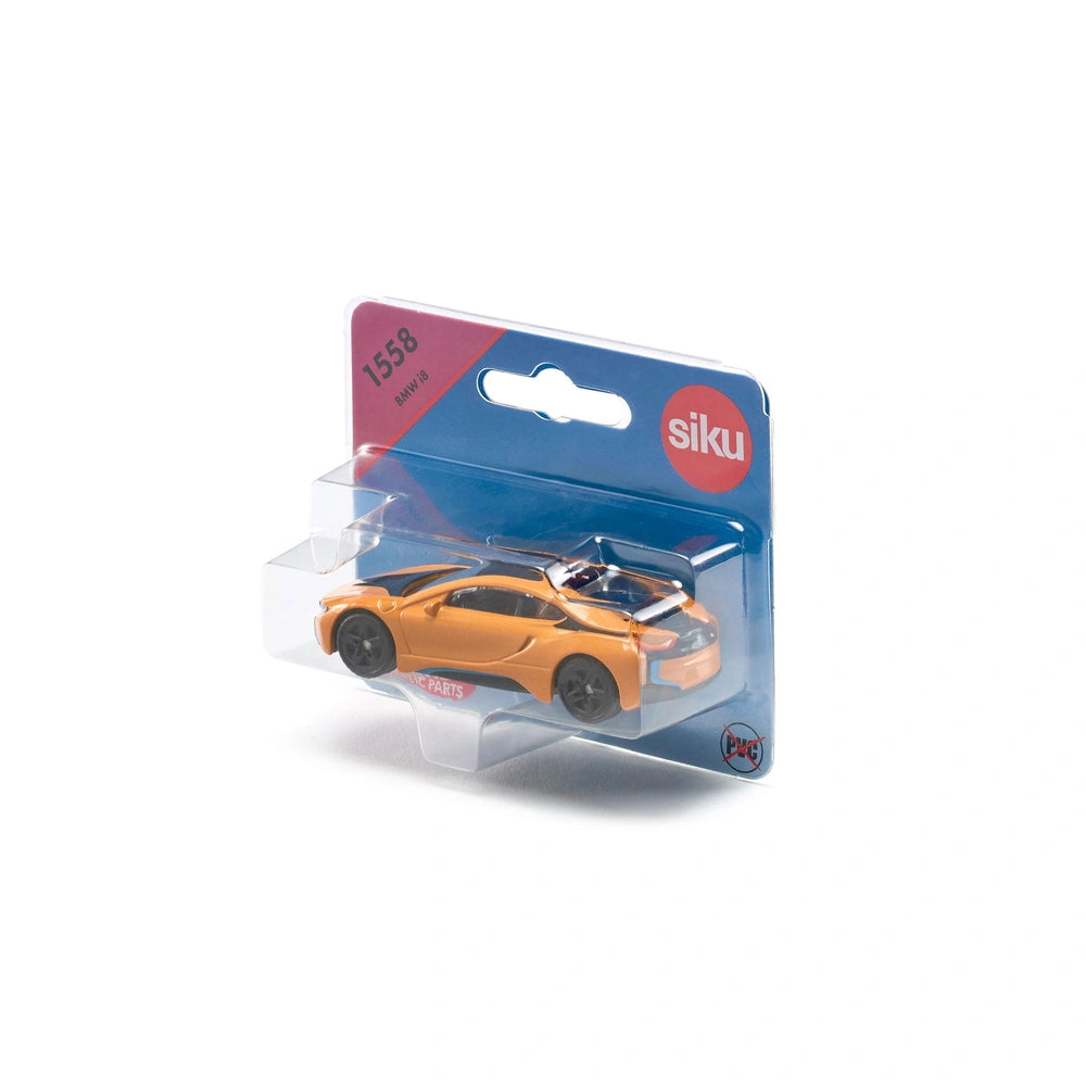 Siku BMW I8 toy car in orange with glossy finish, displayed in clear packaging against a blue background.
