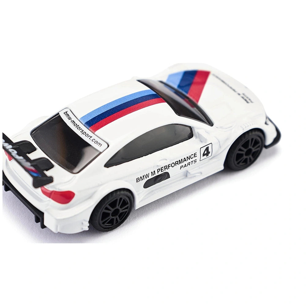 Siku BMW M4 Racing 2016 model car in white with red and blue stripes, featuring a glossy finish and detailed components.