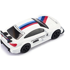 Siku BMW M4 Racing 2016 model car in white with red and blue stripes, featuring a glossy finish and detailed components.