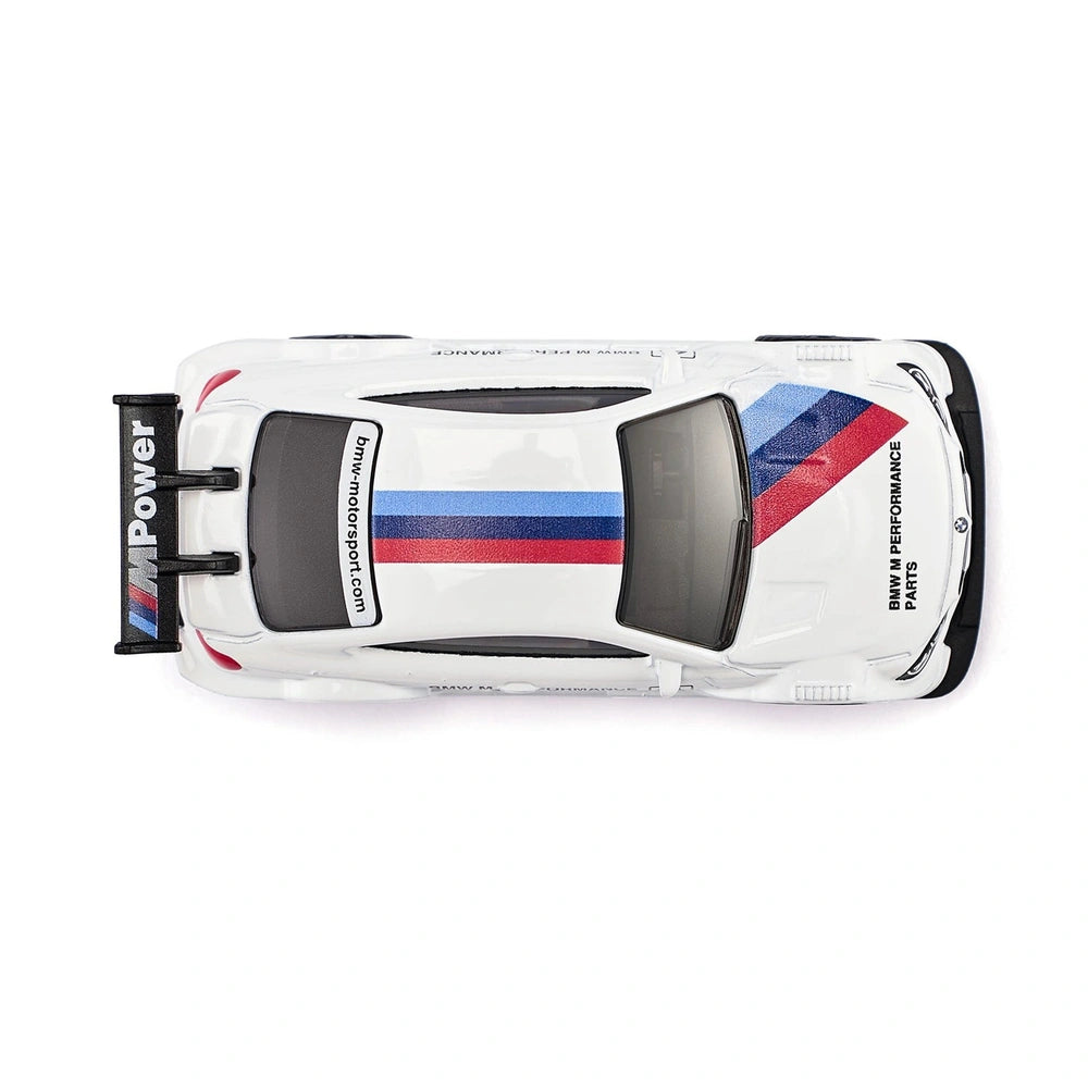 BMW M4 Racing 2016 in glossy white with red and blue stripes, featuring aerodynamic design and BMW PERFORMANCE PARTS branding