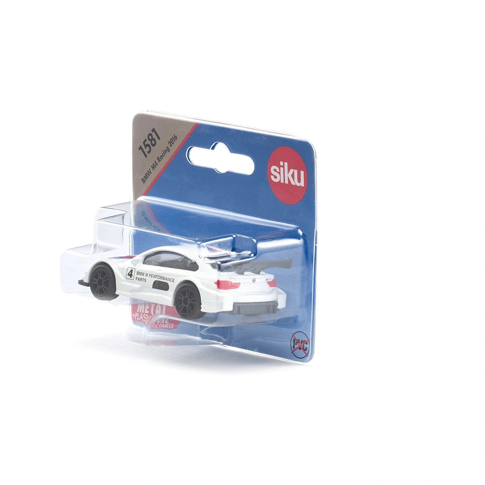 Siku BMW M4 Racing 2016 toy car model in clear packaging with blue background, featuring a glossy white finish and red accent