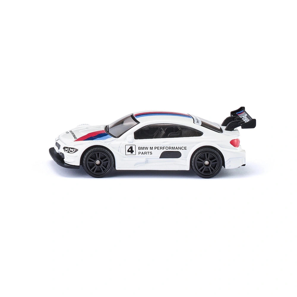 Siku BMW M4 Racing 2016 model car in white with red and blue accents, featuring a detailed design and glossy finish.