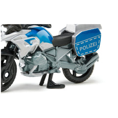 Siku BMW police motorbike toy features a blue and white design with a black seat and gray exhaust on a plain white background