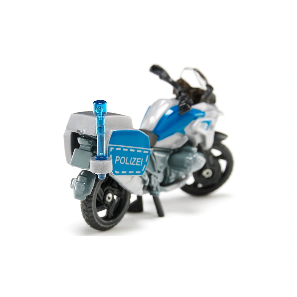 Siku BMW police motorbike model in white with blue accents, featuring realistic details and a "POLIZE!" sign.