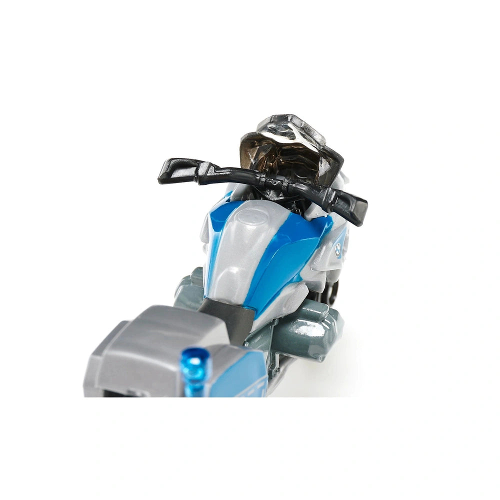 Siku BMW police motorbike toy features a glossy blue and white design with black accents, set against a plain white backgroun