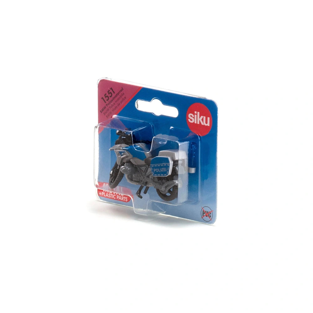 Siku BMW police motorbike toy in blue packaging with red and white accents, featuring a glossy finish and quality symbols.