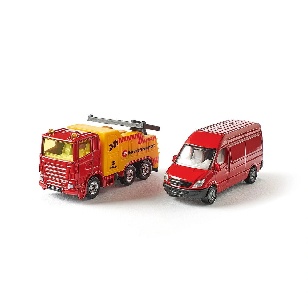 Siku breakdown truck in red with yellow accents and a van in red with a black roof, both featuring the number "24".