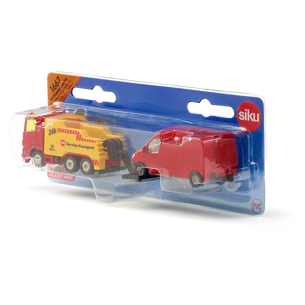 Siku breakdown truck in yellow and red van, displayed in clear packaging with a blue background and quality assurance symbol.