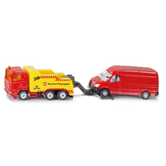Siku breakdown truck in yellow with red stripes tows a red van, showcasing glossy and matte finishes against a plain backgrou