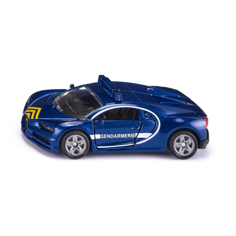Siku Bugatti Chiron Gendarmerie toy car in blue with white stripes, featuring a shiny surface and detailed design elements.