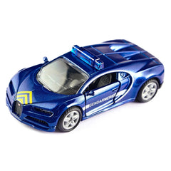 Siku Bugatti Chiron Gendarmerie model in blue with glossy finish, featuring yellow and black stripes, against a light backgro