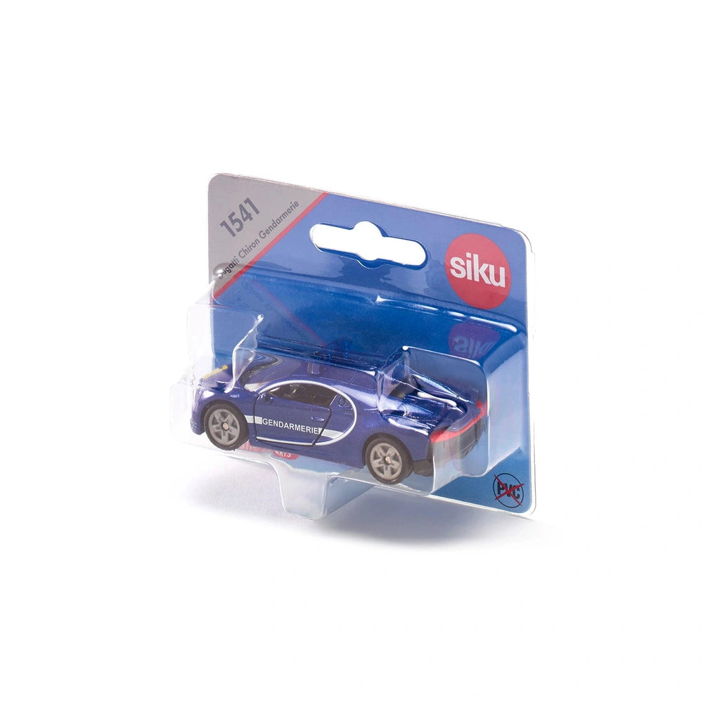 Siku Bugatti Chiron Gendarmerie model in blue with red and white accents, encased in clear packaging against a white backgrou