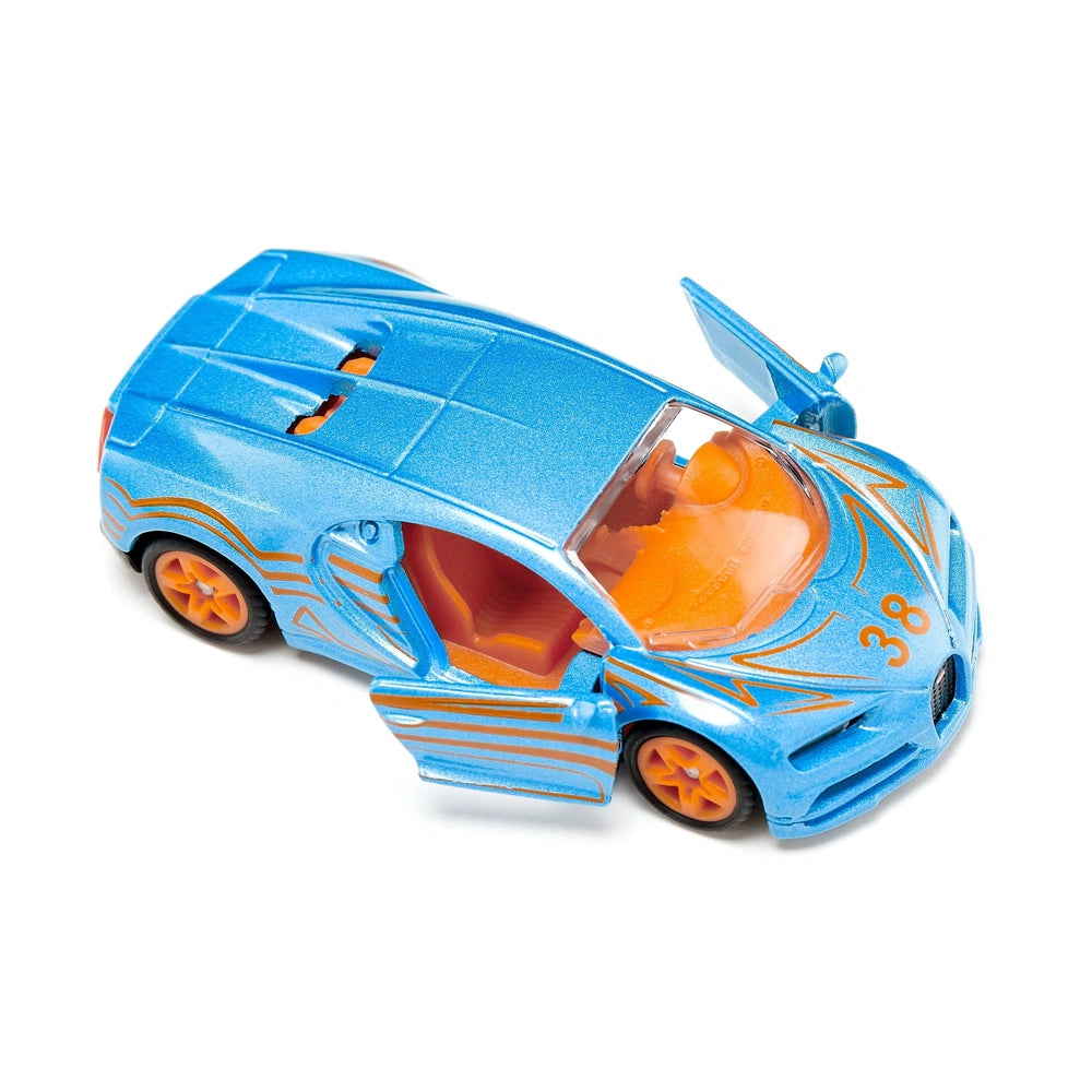 Siku Bugatti Chiron toy car in blue with orange accents, featuring openable doors and hood against a white background.