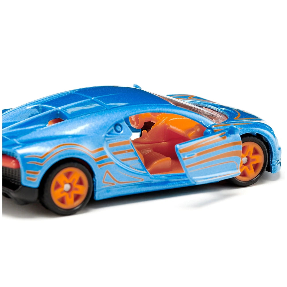 Siku Bugatti Chiron toy car features a glossy blue body with orange accents, showcasing a sleek sports car design.