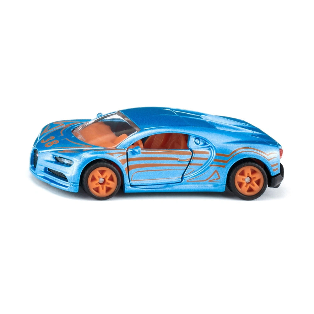 Siku Bugatti Chiron toy car features a sleek blue body with orange accents and glossy finish against a white background.