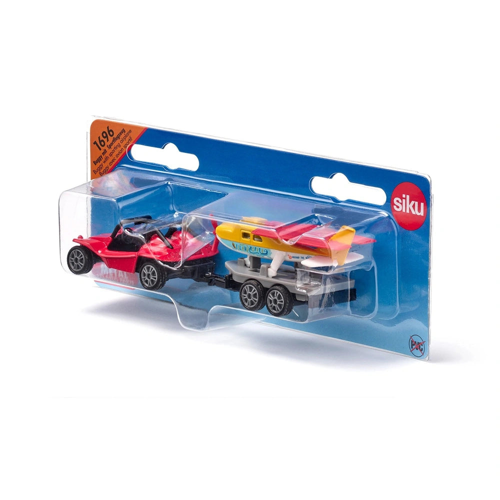 Siku Buggy with sporting airplane toy in a clear plastic package featuring a blue background and red, yellow, and black accen
