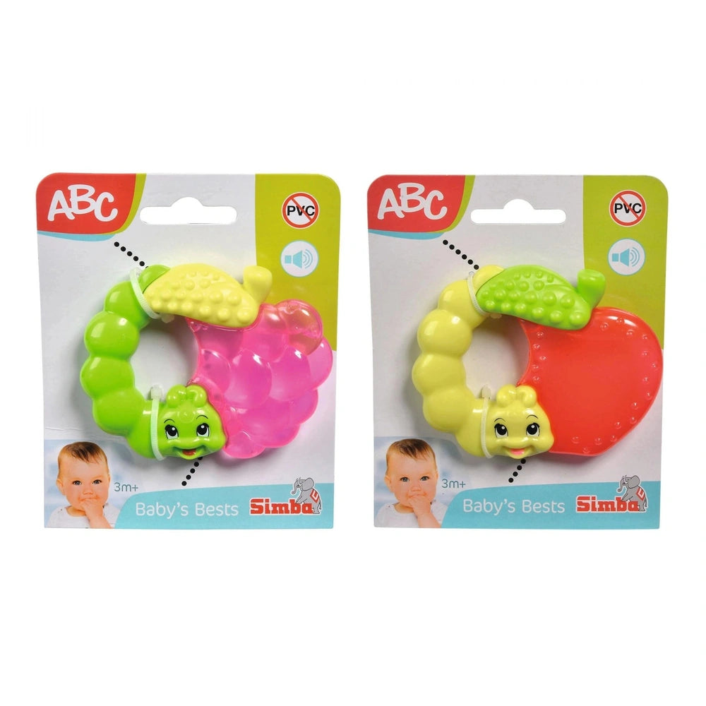Simba ABC Cooling Fruits pacifiers and teethers in colorful rattle designs, perfect for babies aged 3 months and up.