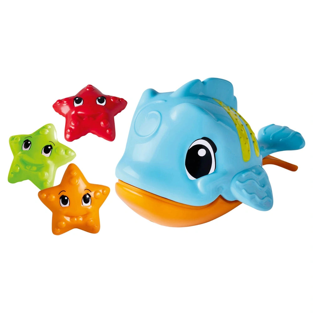 Simba ABC Hungry Fish bath toys featuring a smiling blue fish and colorful star-shaped toys for children.