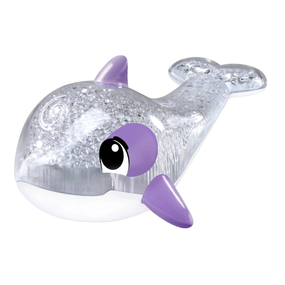 Simba ABC Shining Dolphin bath toy is a clear, glossy whale shaped toy with sparkling beads and friendly purple eyes.
