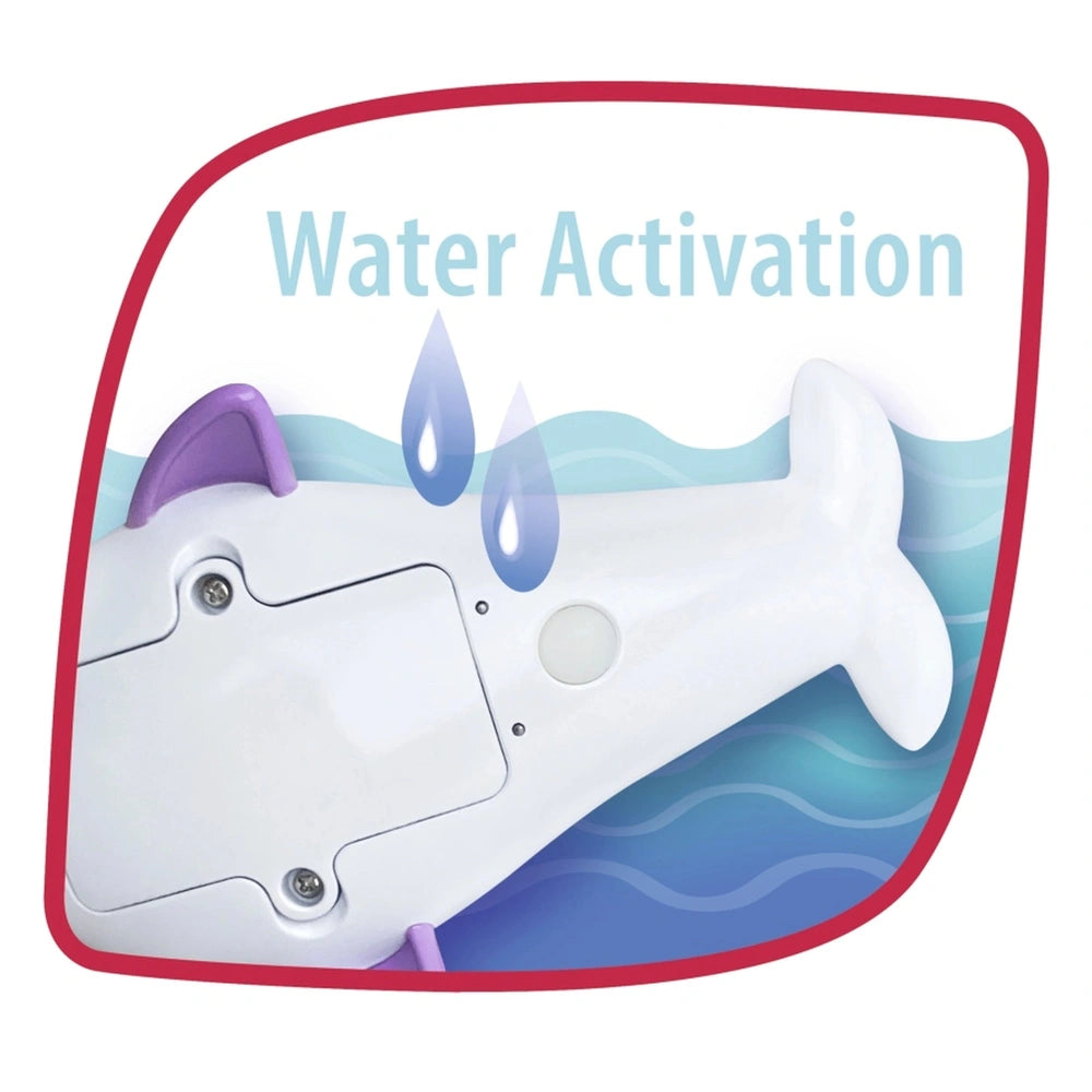 Simba ABC Shining Dolphin bath toy design features a playful white whale on a blue ocean, highlighting water activation.