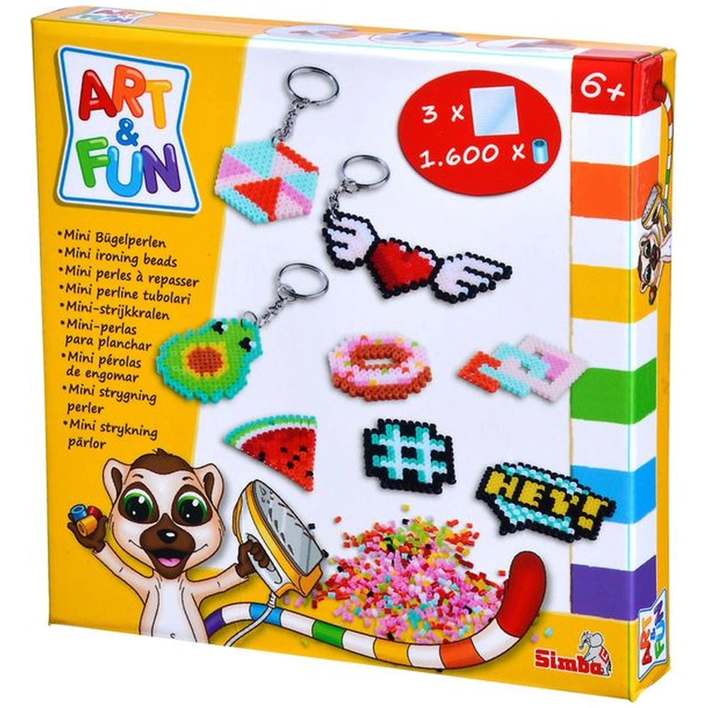 Simba Art & Fun iron-on bead embroidery keychain set in a colorful box featuring a friendly cartoon character.