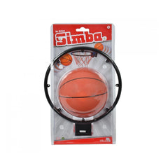 Simba basketball basket 20 cm in red packaging, featuring a black hoop, clear backboard, and orange toy basketball.