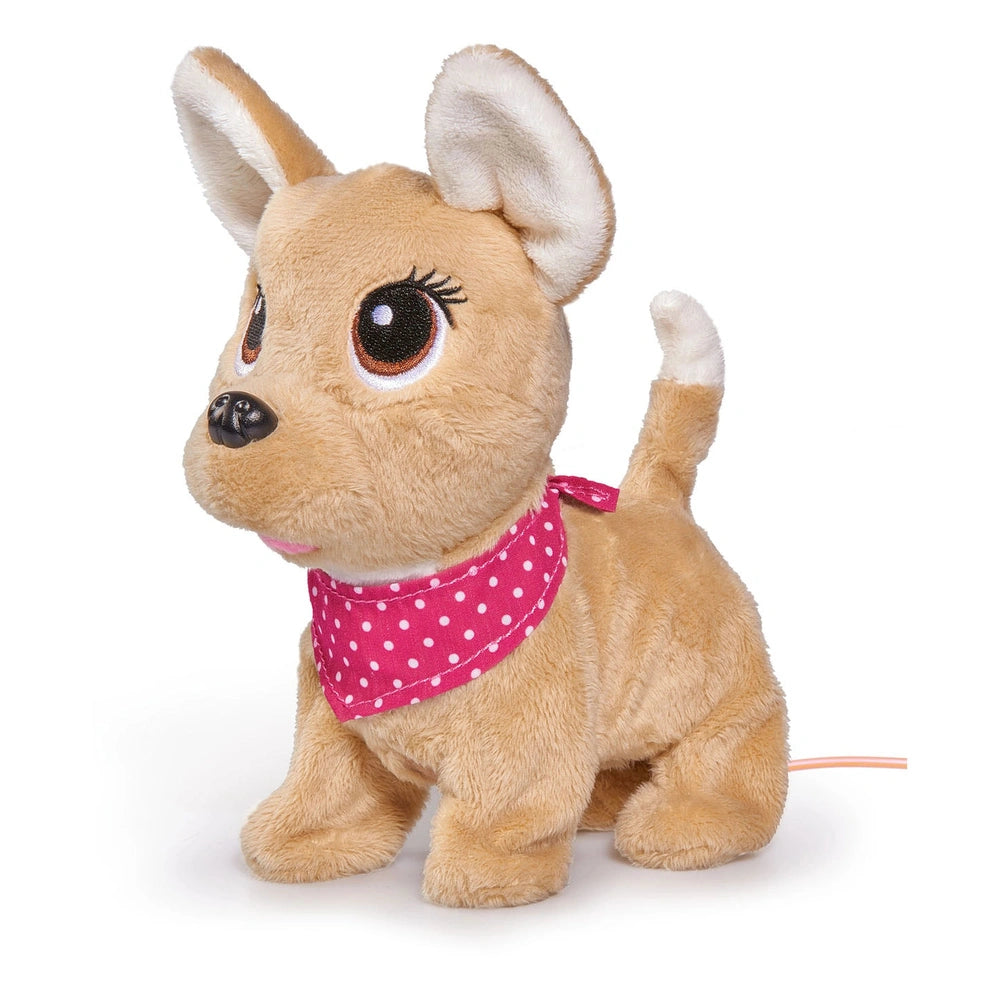 Simba Chi Chi Love Puppy Friends toy in light brown fur, pink bandana, and large expressive eyes on a white background.