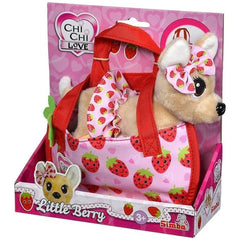 Simba ChiChi LOVE Little Berry set featuring a plush cat and a pink strawberry-patterned bag in a colorful box.