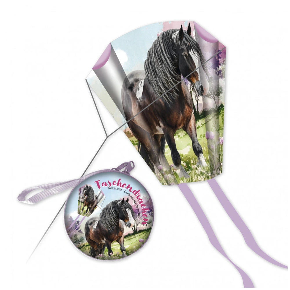 TapirElla pocket kite featuring a horse image on plastic with a purple ribbon displaying "Taschenherz" and care instructions.