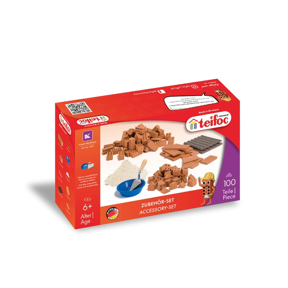Teifoc accessory set with 100 building blocks in a red box featuring a plastic window and age suitability of 6+.