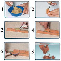 Teifoc Castle-House craft project guide showing step-by-step instructions with hands shaping clay into bricks.