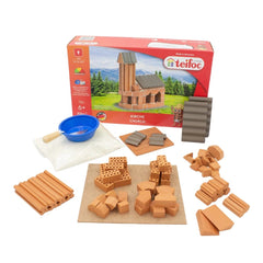 Teifoc Church construction toy set with 70 wooden-like blocks in various shades of brown, displayed in a boxed package.