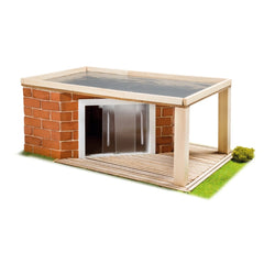 Teifoc garden house model features a wooden structure with a transparent roof, set on green grass beside a brick wall.