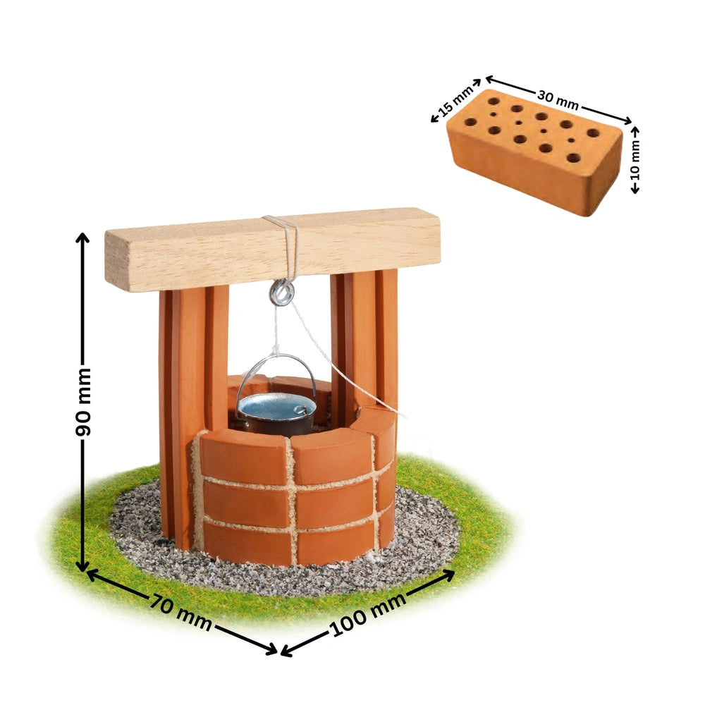 Teifoc well set with wooden structure, brick base, green grass, and silver metal chain, bucket, and hook.