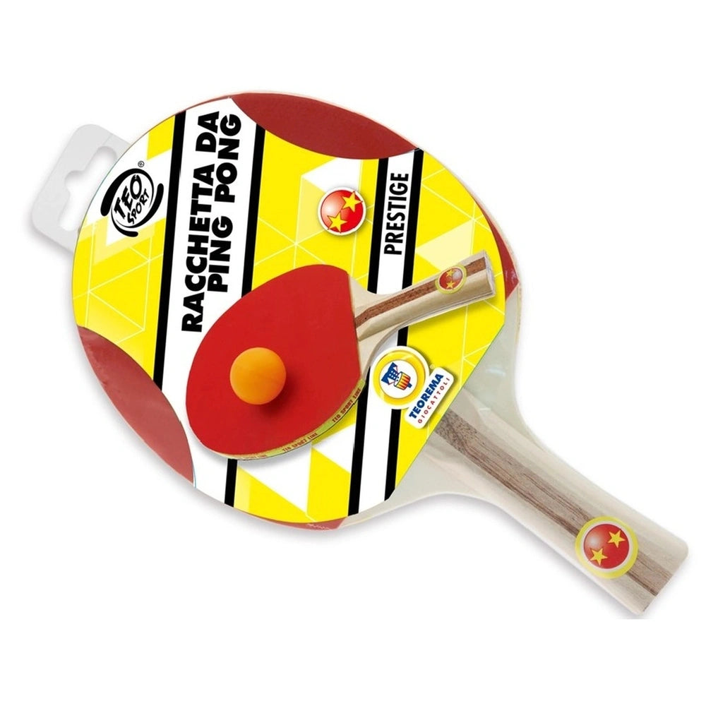 Teo Sport Prestige Table Tennis Racket features a red and yellow design with a black border and natural wood handle.