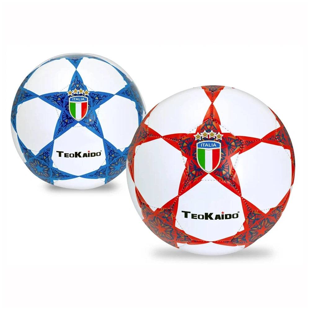 TeoKaido Italia Star Waterproof Footballs in blue and white, and red and white, featuring smooth surfaces and star designs.