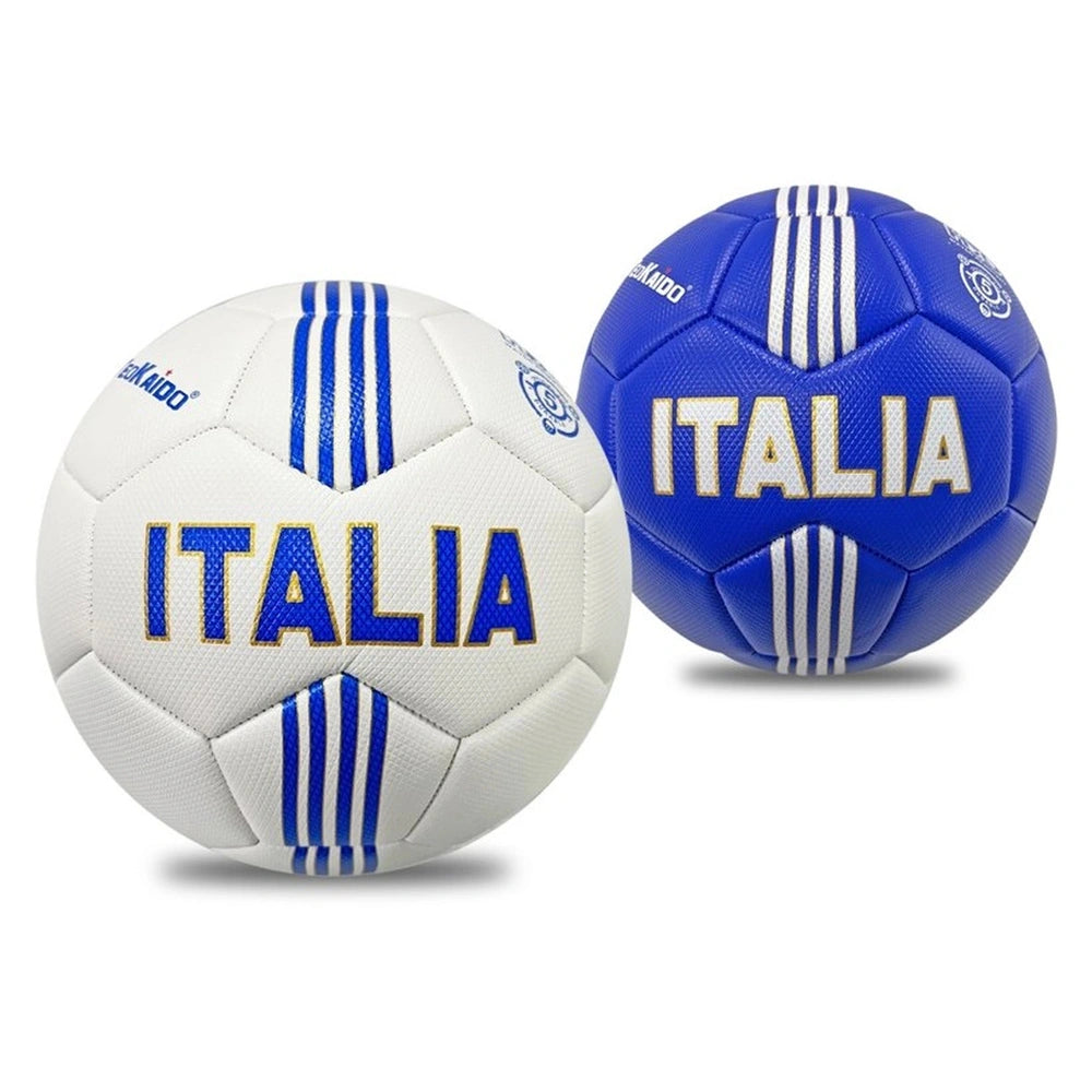 TeoKaido Italia Flag Football Size 5 features two soccer balls, one white with blue accents and one blue with white accents.