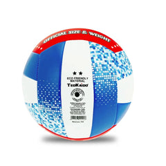 TeoKaido Italia Flag Volleyball features a blue and white design with red accents, made from eco-friendly synthetic material.