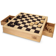 Teorema wooden checkers set features a rectangular board with light and dark squares, arranged with round checkers pieces.