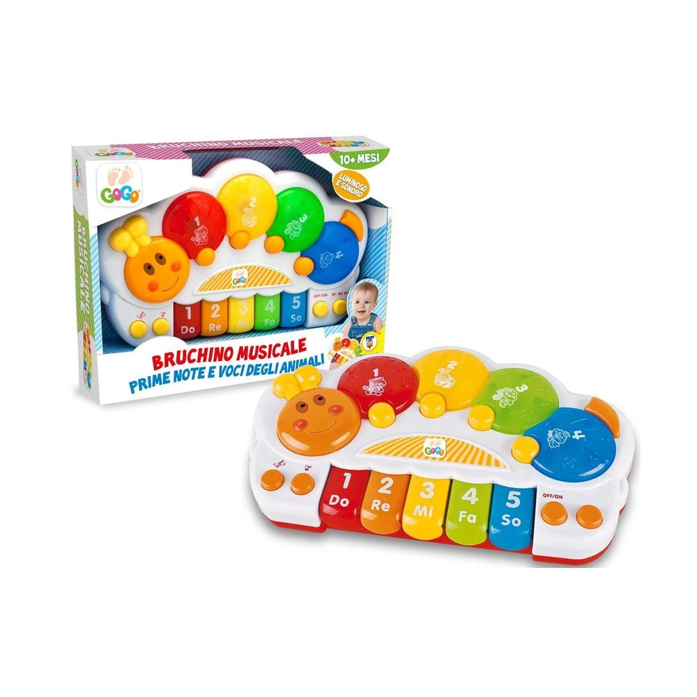 Teorema GoGo Musical Caterpillar Learning Toy features a colorful keyboard with numbered keys and animal sound functions.