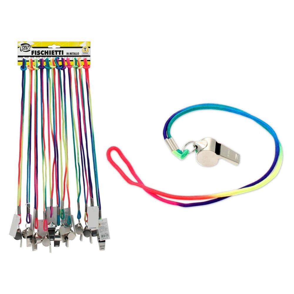 Teorema metal whistle with a rainbow lanyard, featuring shiny surfaces and colorful designs, arranged vertically.