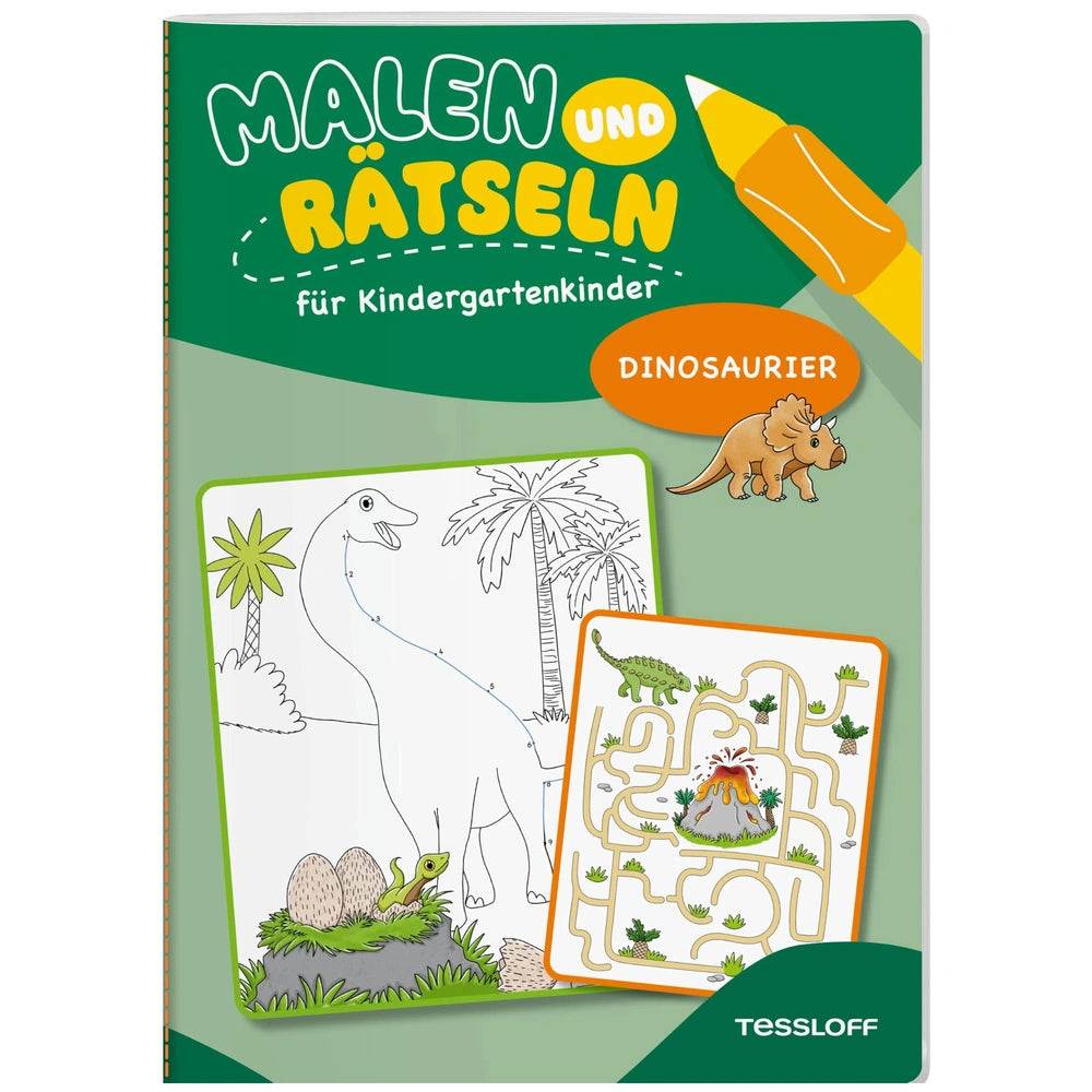 the cover reads "Malen und Rasteseln" with vibrant illustrations of a dinosaur, palm tree, and volcano, inviting young reader