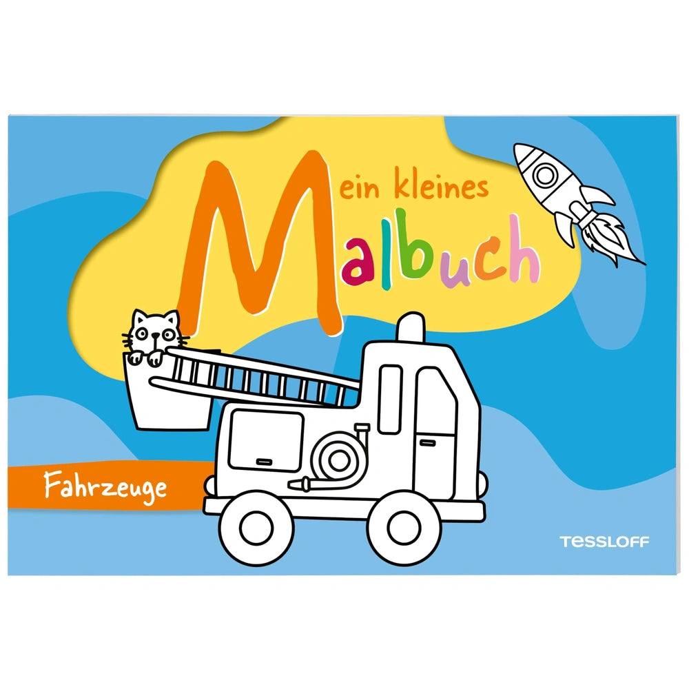 Colorful illustration of a cartoon cat on a ladder attached to a simplistic truck against a vibrant blue background.