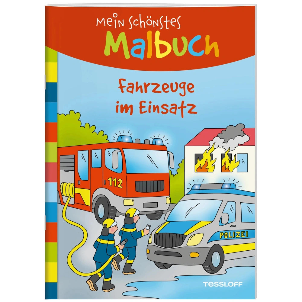 TESSLOFF - My Most Beautiful Coloring Book features a vibrant cover with a fire truck, firefighters, and a burning building s