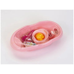 Theo Klein Baby Coralie bathtub set features a pink container with a toothbrush, yellow toothpaste, and a decorative holder.