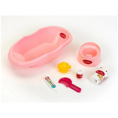 Theo Klein Baby Coralie bathtub set featuring a pink tub, yellow toy, and multiple clear bottles with red and white labels.