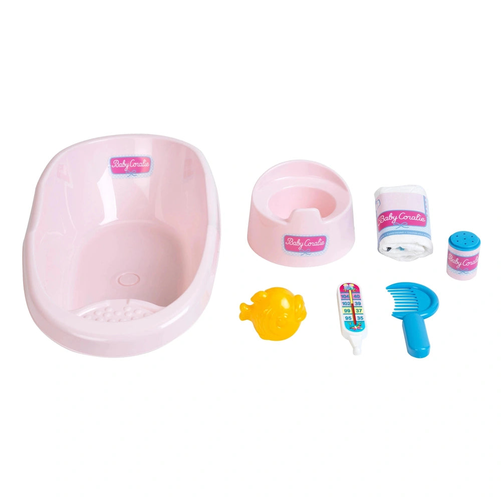 Theo Klein Baby Coralie bathtub set with glossy tray, smooth plastic seat, toothbrush, brush, and colorful toothpaste tube ac