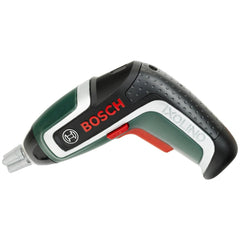 Theo Klein Bosch cordless screwdriver with green and white casing, black grip, red button, and silver nozzle for pretend play